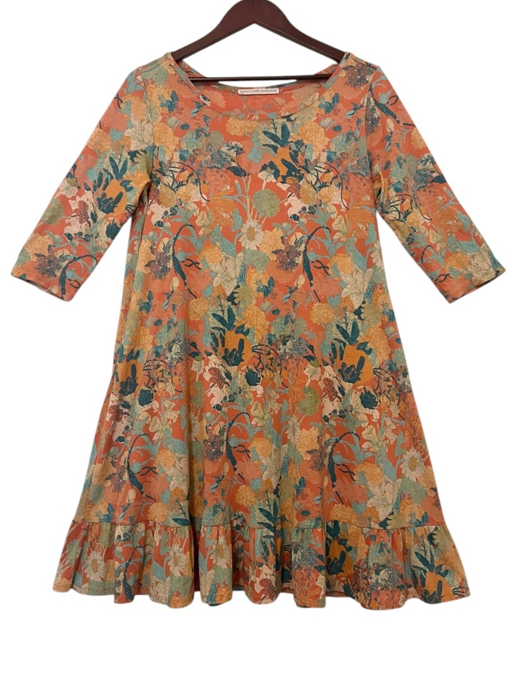 PERUVIAN CONNECTION Orange Floral Lantana Tunic Dress Cotton Ruffle Hem Boho MED